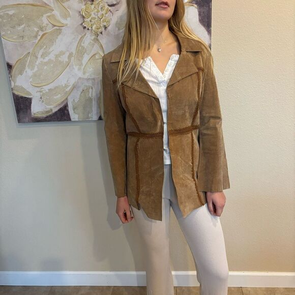 Vintage brown Distressed Suede Leather Crochet coat Jacket Y2K womens medium - Picture 1 of 12